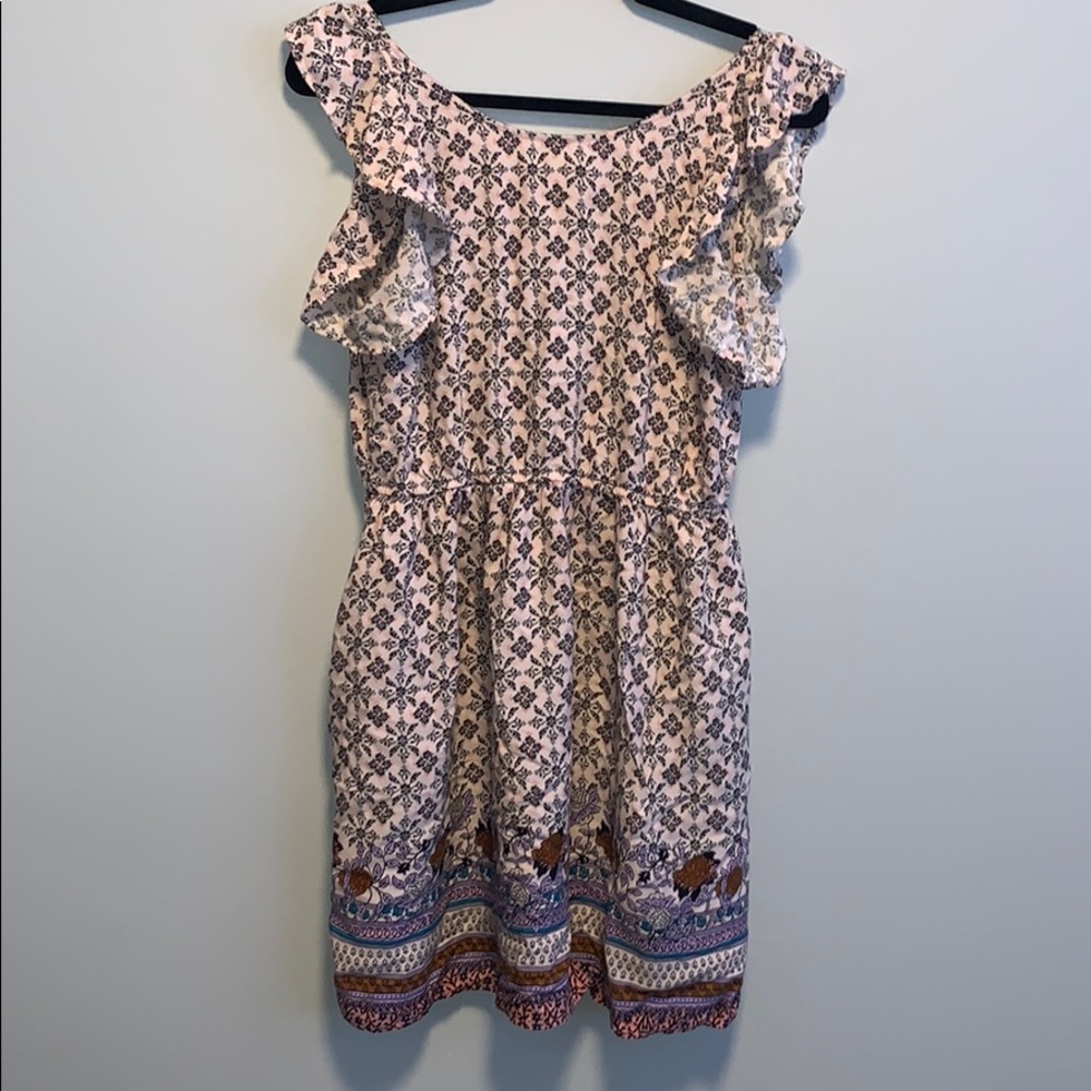 Pink floral dress with pockets, tie up back